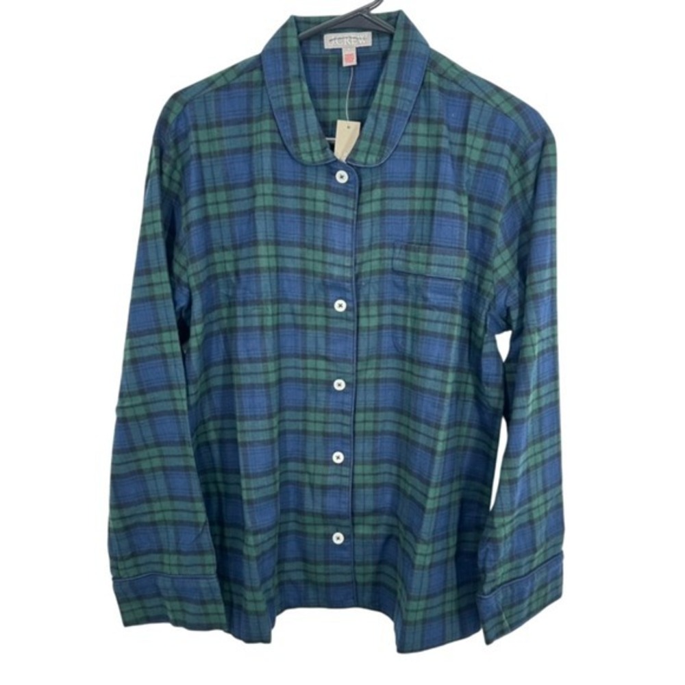 J. Crew Plaid Button Down Pajama Shirt Top Long‎ Sleeve Cotton Blue Green M NWT